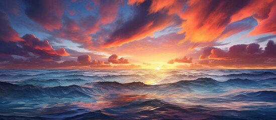 A stunning natural landscape painting capturing the afterglow of the sunset over the water, with...
