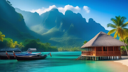 overwater bungalow luxury resort in turquoise lagoon with boats, mountains on background. Exotic bay. Travel and vacation concept - obrazy, fototapety, plakaty