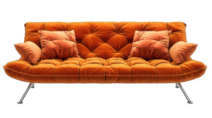 Fototapeta premium Stylish Retro Orange Convertible Sofa with Tufted Backrest and Chrome Legs Isolated on White Background - Quality Cut Out Image for Design Projects