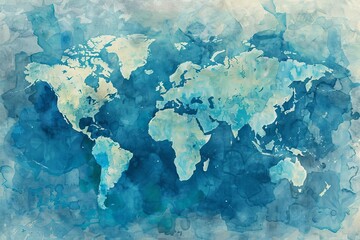 Watercolor World Map with Continents and Oceans, Travel and Geography Concept, Hand Painted