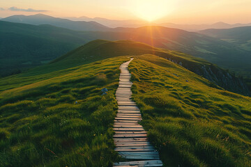 Aerial view of a path passing through beautiful green hills during the sunset - obrazy, fototapety, plakaty