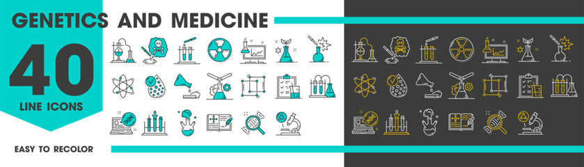 Genetics and science icons, physics and medicine, chemistry and biology, line vector. Genetics laboratory tests and chemical vials, DNA and atom, molecular lab and genetic science research line icons