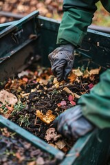Hands diligently compost food waste into compost bin in backyard garden, fostering sustainability and eco-consciousness. Environmental stewardship, promoting organic recycling and soil enrichment