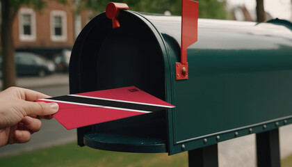 Close-up of person putting on letters with flag Trinidad and Tobago in mailbox