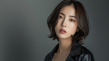 Portrait of a Resolute Japanese Woman with Short Hair. Generative AI.