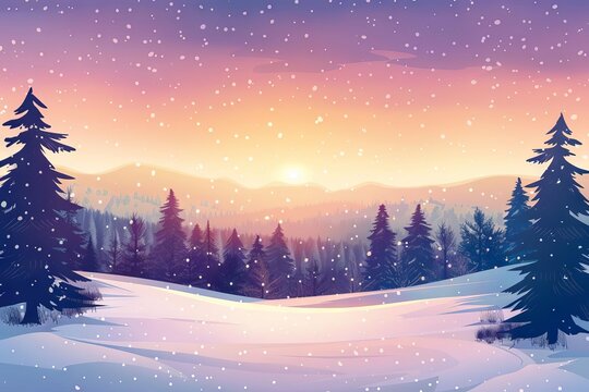 Winter landscape with snow-covered pine forest and scenic sunset sky, Christmas greeting card background