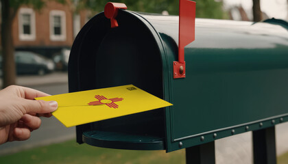 Close-up of person putting on letters with flag New Mexico in mailbox