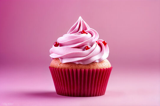 An isolated pink cupcake with cream and icing on plain background. Cafe, recipe, menu concept. Card, poster, banner with copy space
