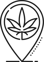 Cannabis location line icon for medical marijuana or CBD weed store, vector symbol. Medical cannabis drug store or pharmacy and coffeeshop location icon with marijuana sativa leaf in point pin