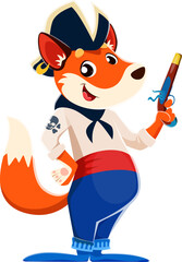 Cartoon funny fox animal pirate sailor character. Isolated vector sea corsair personage with charismatic smile, tricorn hat, neck bandana, skull and pistol gun in hand, exuding roguish vulpine charm