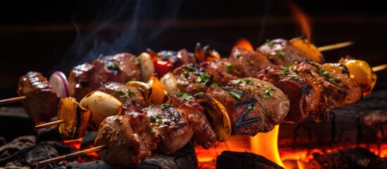 A variety of meat and vegetables are sizzling on the grill, creating a delicious spread of finger food for the event. The enticing aroma adds to the entertainment of the cooking process - obrazy, fototapety, plakaty