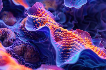 3D abstract representation of a coral reef with organic shapes and textures in vibrant underwater colors