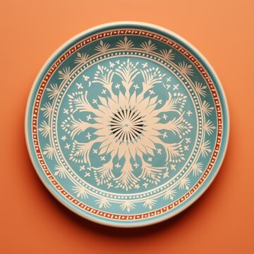 Decorative Moroccan ceramic hand painted plate, handmade, isolated, closeup top view.