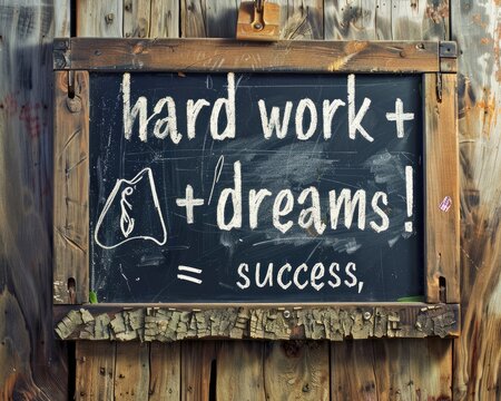 Chalkboard with inspirational quote about hard work and dreams equaling success