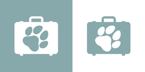 Logo travel. Viajar con animal de compañía. Silueta de maleta de viaje con zarpa de perro o gato para agencia de viajes - 769579562