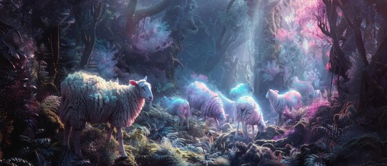 A magical scene of sheep with iridescent wool frolicking in an enchanted forest - obrazy, fototapety, plakaty