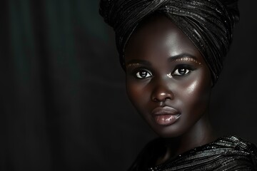 A minimalist portrait of an African woman adorned in traditional elegant black attire