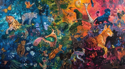 A vibrant painting of a world where wildlife and humans coexist peacefully