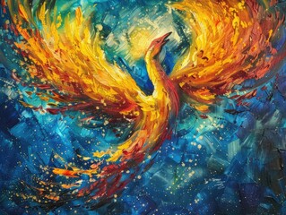 A vibrant painting of a phoenix rising from ashes metaphor for overcoming challenges - obrazy, fototapety, plakaty