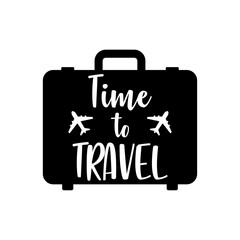Logo travel. Silueta de maleta de viaje con texto manuscrito time to travel con aviones para agencia de viajes - 769579799