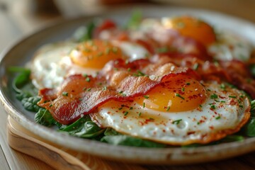 Delicious breakfast plate with bacon, eggs, and spinach served on a rustic wooden table with knife and fork - Powered by Adobe