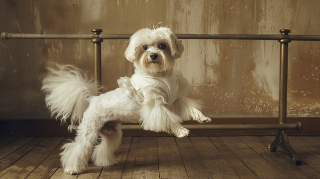 A maltese in a ballerina costume on its hind legs