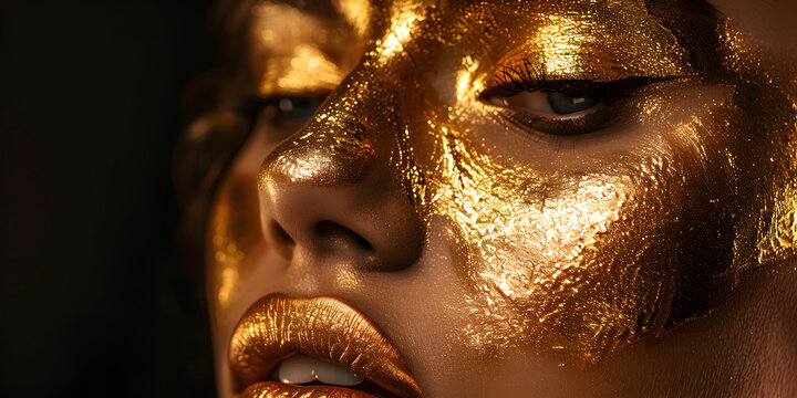 Golden glitter makeup body art lips close up dark skinned model portrait luxury skin care concept.