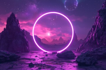 Abstract neon background with geometric circle shape, Beautiful frame and extraterrestrial landscape under the night sky and Rocks. Futuristic minimalist wallpaper, generative ai