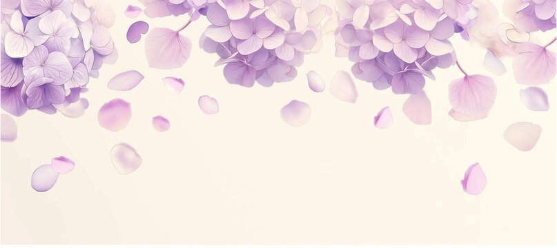 The painting of purple hydrangea blossom, positioned in the top of the image against cream color background.