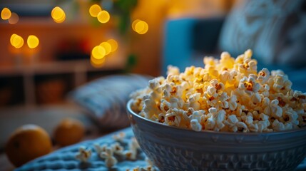 Popcorn and movie at home concept. Cozy movie night at home with popcorn and drinks under the blanket, blurred background. Generative ai