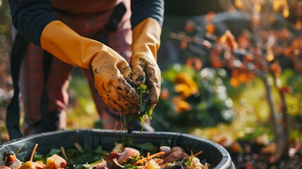 Hands diligently compost food waste into compost bin in backyard garden, fostering sustainability and eco-consciousness. Environmental stewardship, promoting organic recycling and soil enrichment - obrazy, fototapety, plakaty