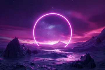 Foto auf Acrylglas Abstract neon background with geometric circle shape, Beautiful frame and extraterrestrial landscape under the night sky and Rocks. Futuristic minimalist wallpaper, generative ai © STOCKAI