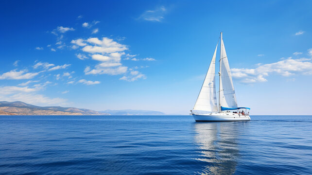 A sailboat the at the sea with blue sky