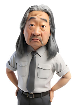 3d style illustration of asia old man in office worker uniform, lonnng hair with bored, he is Shrug, isolated on white background