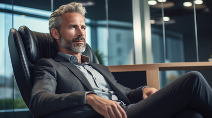 Businessman is talking while sitting in an office chair in modern office