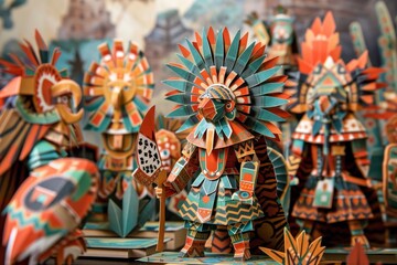 Obraz premium Origami Paper Town: Aztec Warriors in Battle Essence