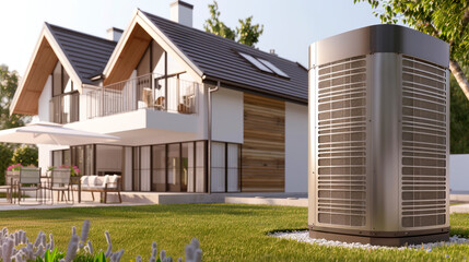 Air conditioning, heat pump unit set against the modern  house.