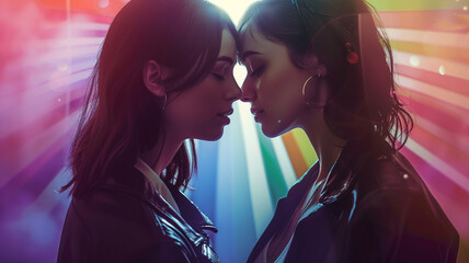 lesbian couple with lgbt symbol