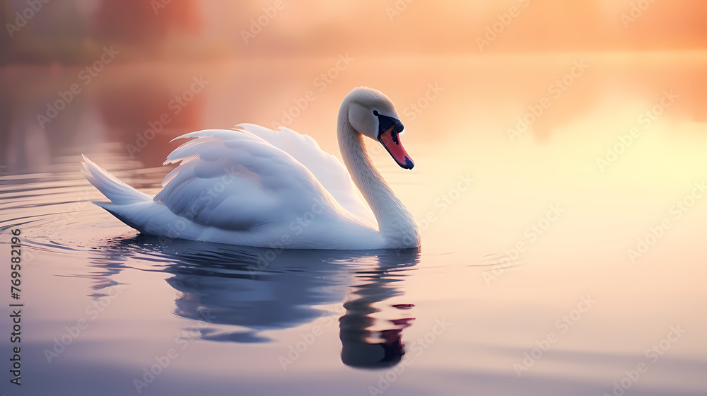 Wall mural White swans in love on peaceful water background