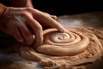 Zoomed-in shot of a baker's hands twisting cinnamon roll dough.