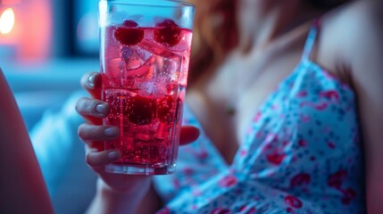Young woman drinking Trendy sleepy girl cherry mocktail. Popular Magnesium cherry drink for relax, deep sleeping. Bedtime routine for better sleep concept. Generative ai