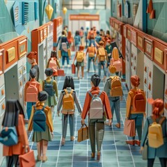 Origami Paper Town: Bustling School Hallways Essence

