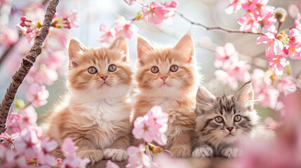 The orange kittens are depicted against a charming background of cherry blossoms, creating a delightful and picturesque picture.