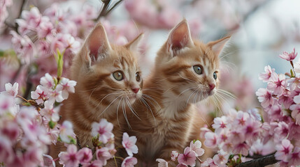 Tabby kittens are depicted against a charming background of cherry blossoms, creating a delightful and picturesque picture.