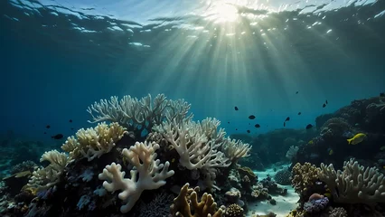 Foto auf Glas Underwater view of coral reef and tropical fish with sunbeams © ASGraphics