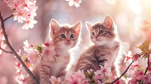Two tabby kittens are depicted against a charming background of cherry blossoms, creating a delightful and picturesque picture.