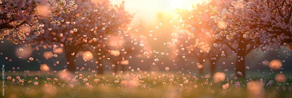 Poster the golden sun rays filter through the luscious green leaves of the trees during a gentle rain showe