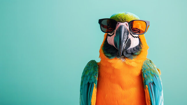 Exotic bird macaw parrot wearing sunglasses on isolated blue background