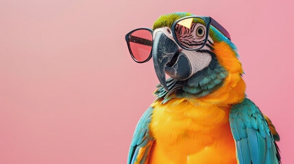 Portrait of Exotic bird Macaw parrot wearing sunglasses on isolated pink background