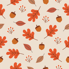 Seamless pattern with autumn Leaves, acorns and oak leaves for wallpaper, gift paper, pattern fills, textile, fall greeting cards. - obrazy, fototapety, plakaty